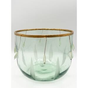 Artisan Recycled Glass Clear Light Green Bowl Vase Beads Wire Frosted Gold Trim